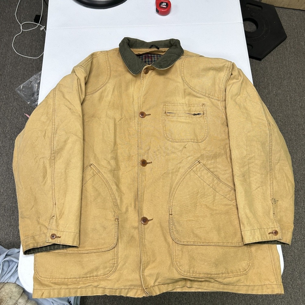 L.L. Bean Field Coat Mens XL Tan Canvas Plaid Lined Corduroy Collar H147